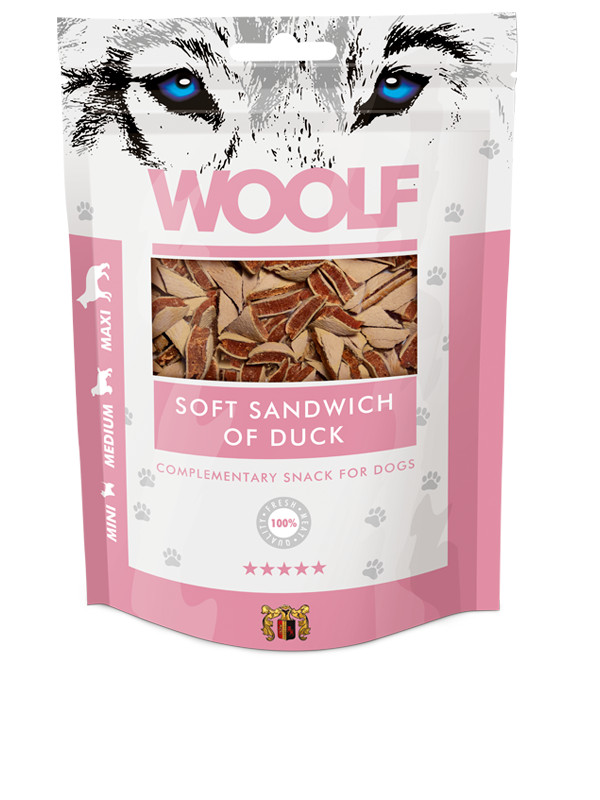 woolf priboljški za pse račji sendvič